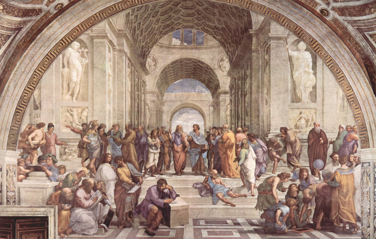 Home Famous Renaissance painting by Raphael depicting various philosophers in a classical setting.